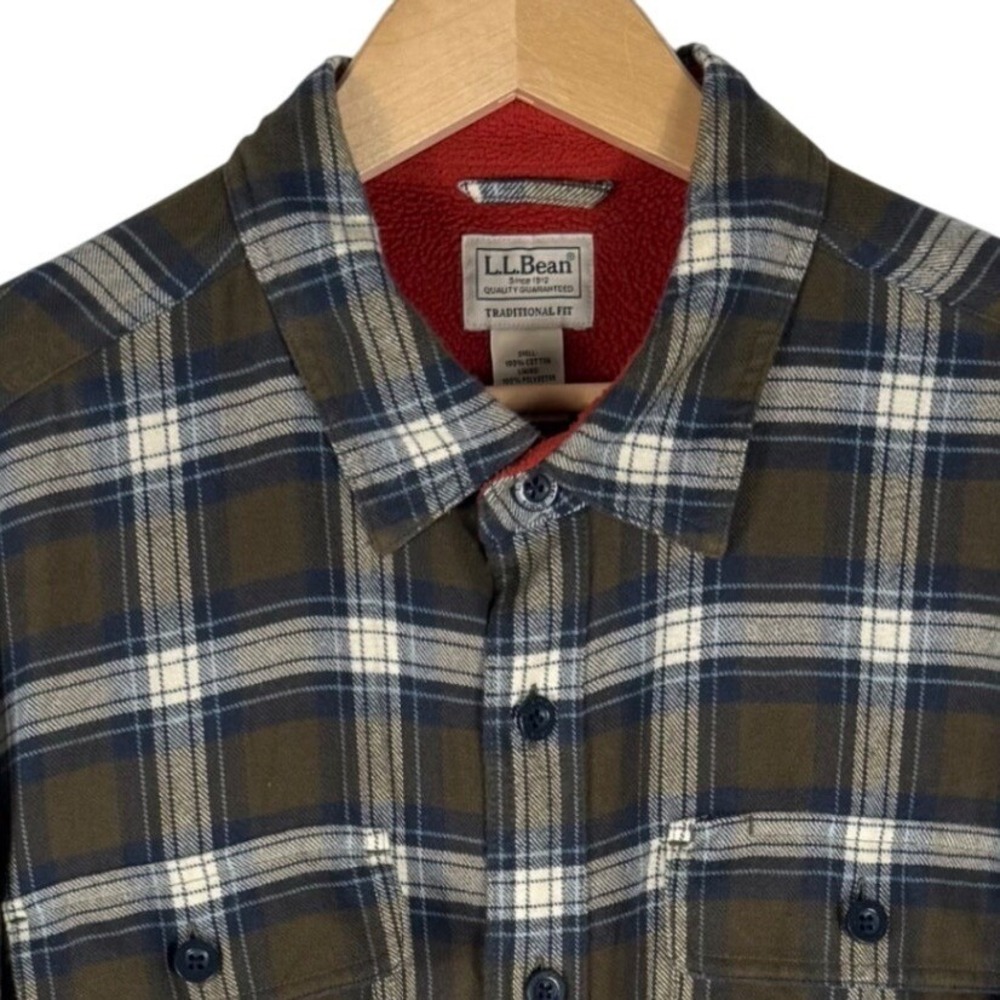 LL Bean Fleece Lined Flannel Shirt Mens L Plaid Olive Green Blue 298189